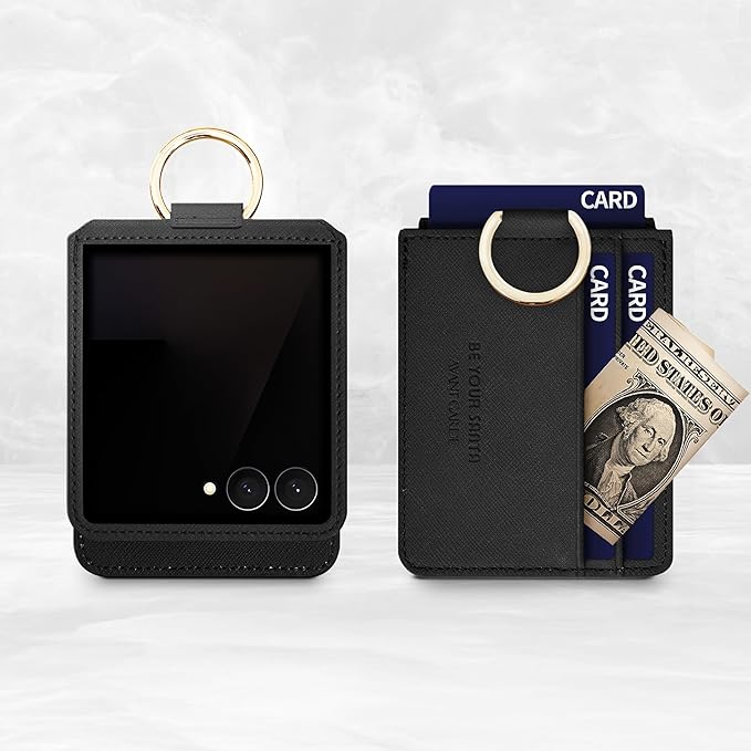 [BeYourSanta] Galaxy Z Flip 7 Case with Ring - Avant-Garde Handmade Saffiano Vegan Leather Case, Anti-Scratch Hinge Protection, Made in Korea (3 Pockets, Black)