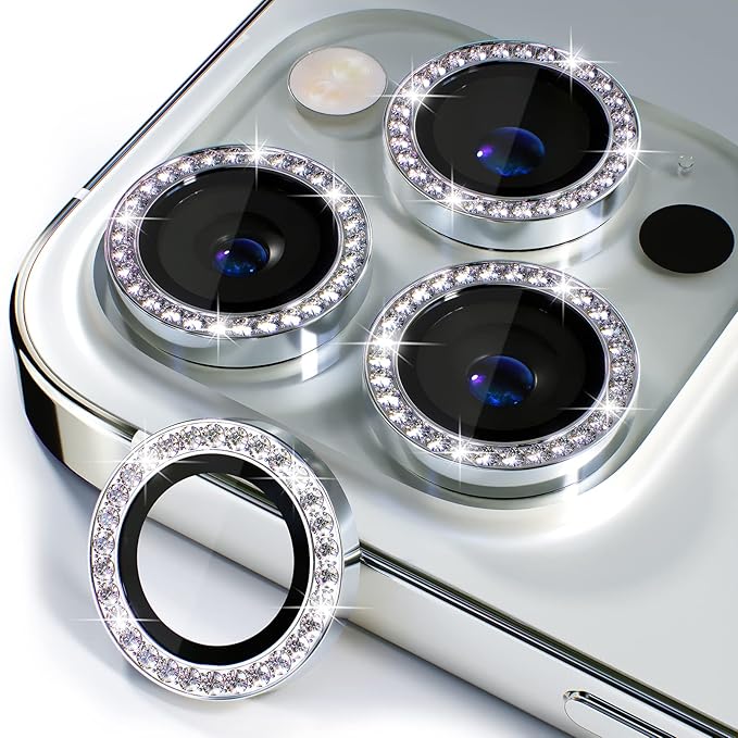Misea [3+1] for iPhone 14 Pro/iPhone 14 Pro Max Camera Lens Protector Bling, 9H Tempered Glass Camera Cover Screen Protector Metal Individual Ring Protector Decoration Accessories, Silver Diamond
