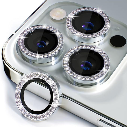 Misea [3+1] for iPhone 14 Pro/iPhone 14 Pro Max Camera Lens Protector Bling, 9H Tempered Glass Camera Cover Screen Protector Metal Individual Ring Protector Decoration Accessories, Silver Diamond