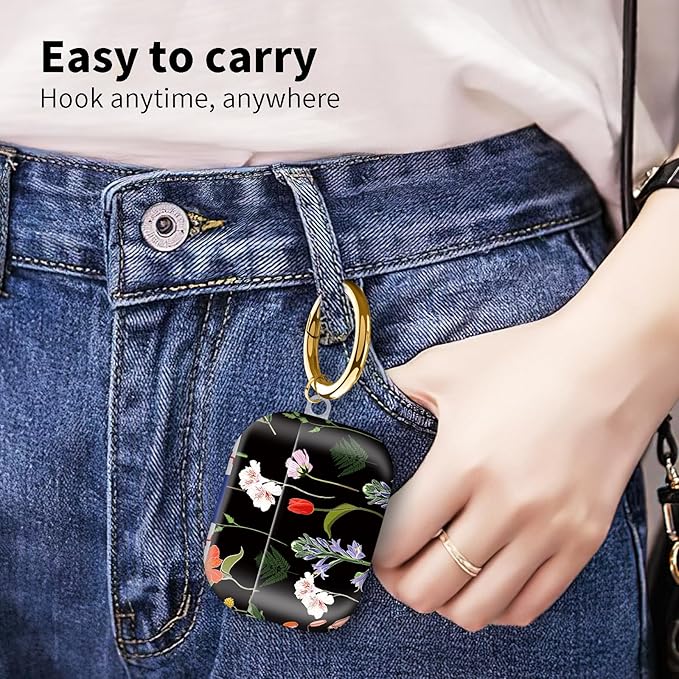 Compatible with Airpod pro 2nd/1st Generation Case Cover with Gold Round Keychain Cute Pattern Hard & Anti Slip Cover for Men Women & Girls（Blooming Flowers）