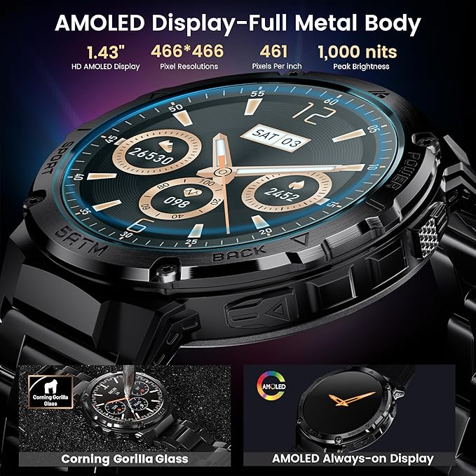Smart Watches for Men GPS, Pressure,Altitude,Compass, 480mAh Extra-Large Battery, 50M Waterproof, Full Metal Body Rugged Smartwatch, Answer/Make Call,1.43" AMOLED Display (Black)