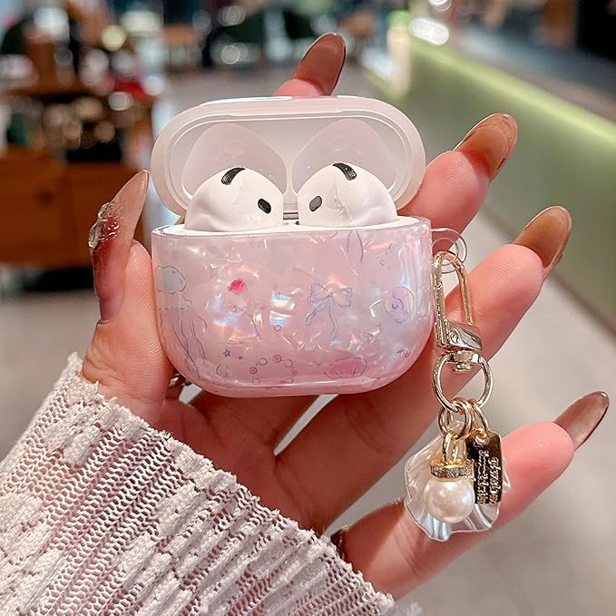 for AirPod 4 Case Cute Shell Pearl Ocean Design for Women Girls TPU Protective Cover with Keychain Compatible for AirPods 4th Generation (Glitter Jellyfish)