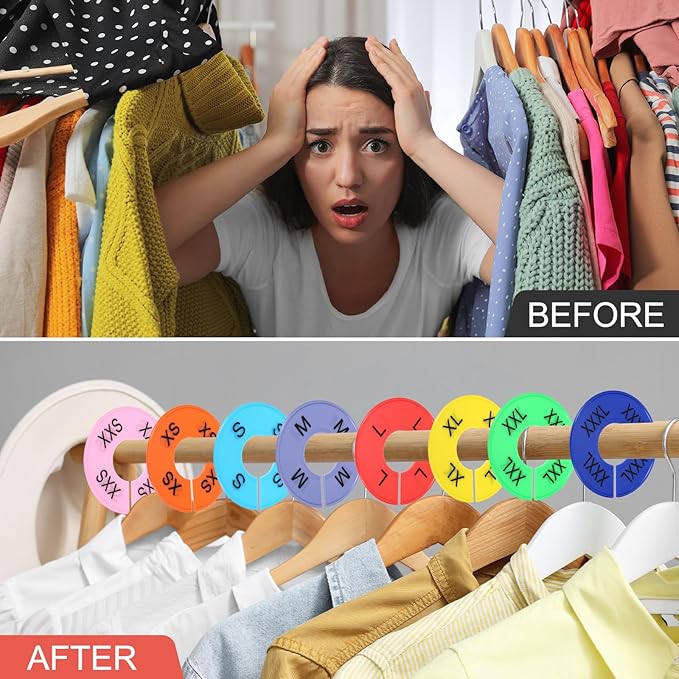 uxcell Clothes Dividers,16 Pack Round Closet Rack Dividers Clothing Rack Size Dividers Blank Labels with 8 Size Reusable for Hanging Clothes Sorting Size, Colorful