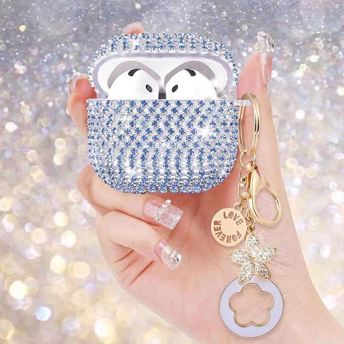VISOOM Cute Jewelry Cases for Airpods 4 Cases 2024 Cover Women, Sparkly Air pods 4 Gen Case Hard TPU Airpod Case 4th Generation Bling Glitter iPods 4 Cas Keychain for iPods Earbuds Airpods 4th-Blue
