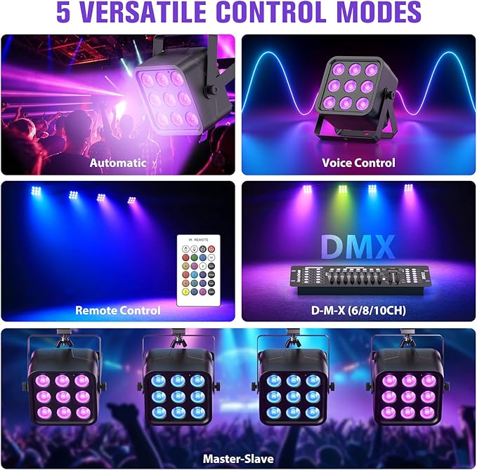 Rechargeable Stage Lights, 9 * 6W RGBWA UV 6-in-1 Battery Powered Par Lights, 6/8/10 CH Wireless Uplights DMX512 Control, Wireless Uplights for Party, Wedding, Event, 12 Pack