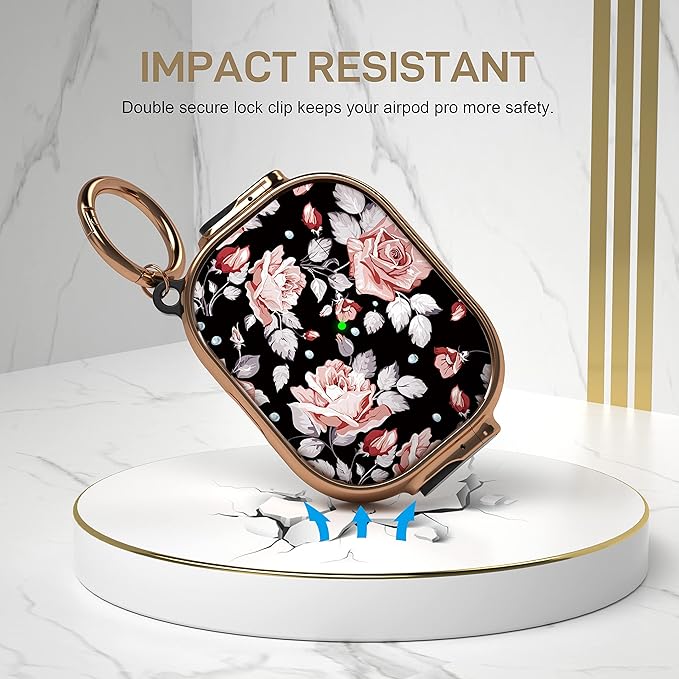 Maxjoy for AirPods Pro 2nd/1st Generation Case with Lock, Flower AirPods Pro 2 Case Lock Protective Hard AirPod Pro Cover for Women Girly with Keychain for Airpod Pro (2023/2022/2019), Rose