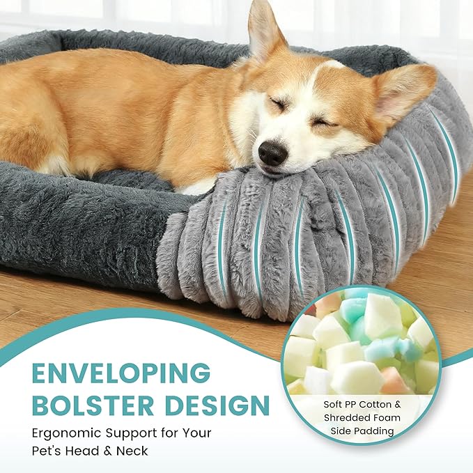 Dog Beds for Medium Dogs 32x24 Inch, Comfort-Sided Orthopedic Dog Bed Couch with Breathable Shredded Memory Foam, Faux Rabbit Fur Pet Bed, Non-Detachable, Non-Slip, Machine Washable