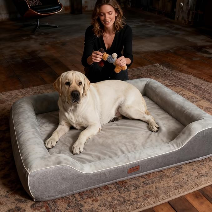 XL Orthopedic Dog Bed for Large Dogs with Cooling Gel Memory Foam and Egg Crate Foam Waterproof, 42inch Pet Couch with Removable Washable Cover and Bolster Side for Extra Breed Pets