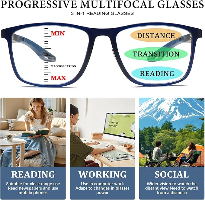 CLASAGA Progressive Multifocal Reading Glasses for Men Photochromic Gray Sunglasses Sports Style Blue Light Blocking Readers