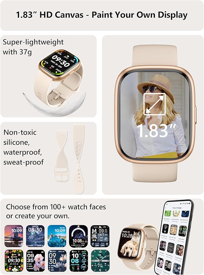 Smart Watch 2026 Upgrade for Women Men Android & iPhone [2 Bands, 44mm case, 1.83''], Alexa Built-in, Make/Answer Call, HR SpO2 Sleep Stress Monitor Fitness Tracker, IP68 Waterproof Step Counter Watch