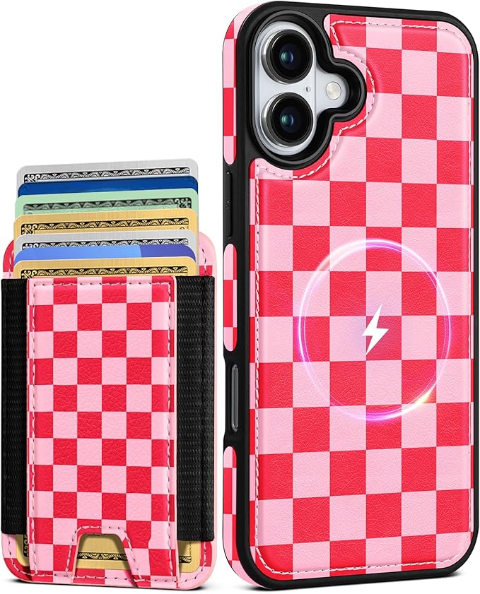 Shorogyt for iPhone 16 Wallet Case - Fits 5 Cards, Compatible with Magsafe Detachable Magnetic Credit Card Holder Leather Cardholder Cute Phone Cover Women Girls for Apple 16, Checkered
