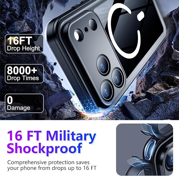 Temdan Magnetic Compatible with iPhone 17 Pro Case,Waterproof Built-in Screen & Camera Protector IP68 Underwater Full Body 17FT Military Dropproof Shockproof Phone Case 6.3"-Mag/Black