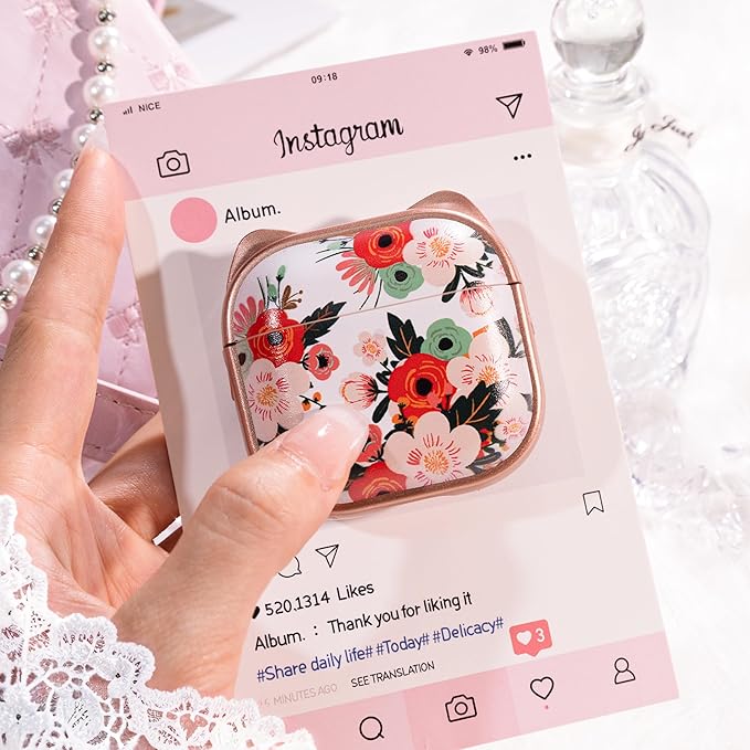 for AirPods 4 Case with Cleaning Kit, Cute Cat Ear Print Design & Cute Buckle, Inverted Phone Holder Design, Top Safe Lock Buckle Design, for Girls AirPods 4 case 2024, Rose Gold Flower