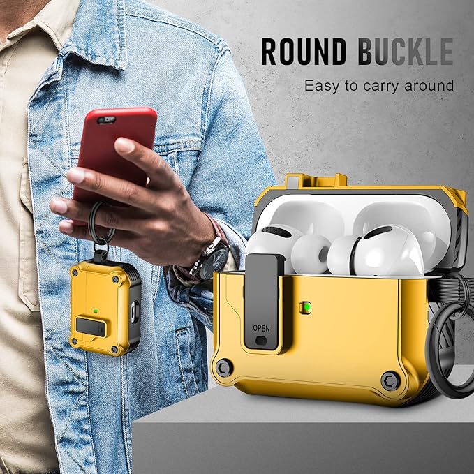 Maxjoy for Airpods Pro 3 Generation Case(2025), Secure Lock Clip Full Body Shockproof Hard Shell Protective Apple for Airpods Pro 3 Case Cover with Keychain Cleaner Kit for Men Women,Yellow