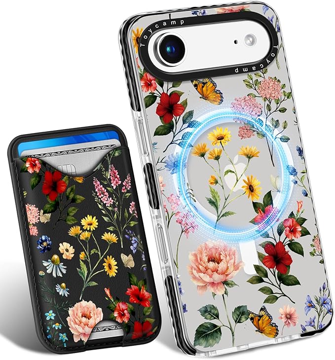 Toycamp for iPhone 17 Air Case - Compatible with Magsafe Credit Card Holder Wallet Magnetic Cute Women Teen Girls Kawaii Girly Unique Flower Floral Design Phone Cover for Apple 17 Air