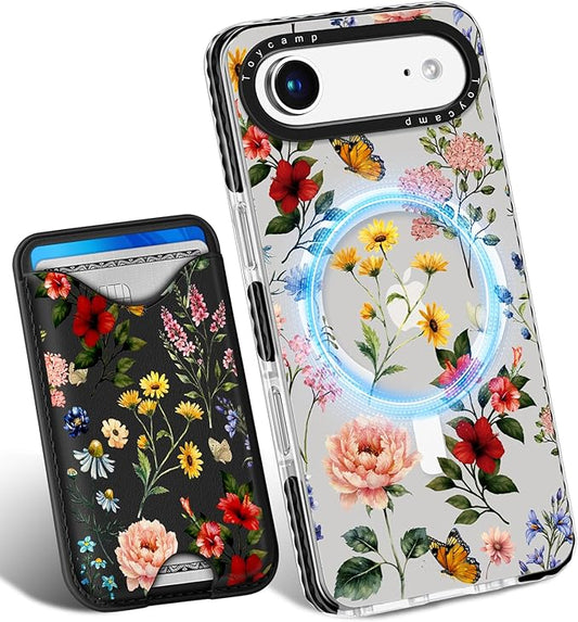 Toycamp for iPhone 17 Air Case - Compatible with Magsafe Credit Card Holder Wallet Magnetic Cute Women Teen Girls Kawaii Girly Unique Flower Floral Design Phone Cover for Apple 17 Air