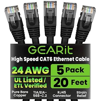 GEARit Cat6 Patch Cables Cat 6 Ethernet Cable 20 ft 5-Pack Black