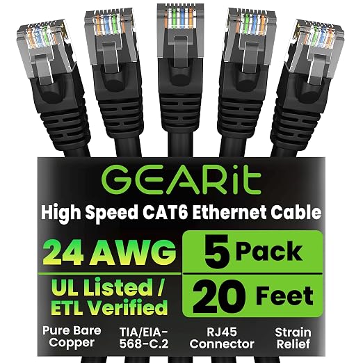 GEARit Cat6 Patch Cables Cat 6 Ethernet Cable 20 ft 5-Pack Black