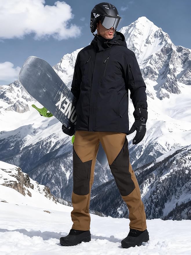 FREE SOLDIER Men's Fleece Lined Outdoor Cargo Hiking Pants Water Repellent Softshell Snow Ski Pants with Zipper Pockets