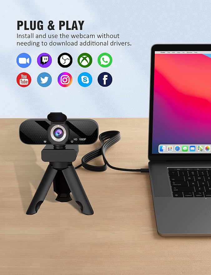 1080P HD Webcam with Built-in Microphone, Rotatable Tripod, Wide-Angle Lens,Privacy Cover, Auto Light Correction, Plug & Play USB-A Webcam for Laptop, Desktop, PC, Streaming-Gray