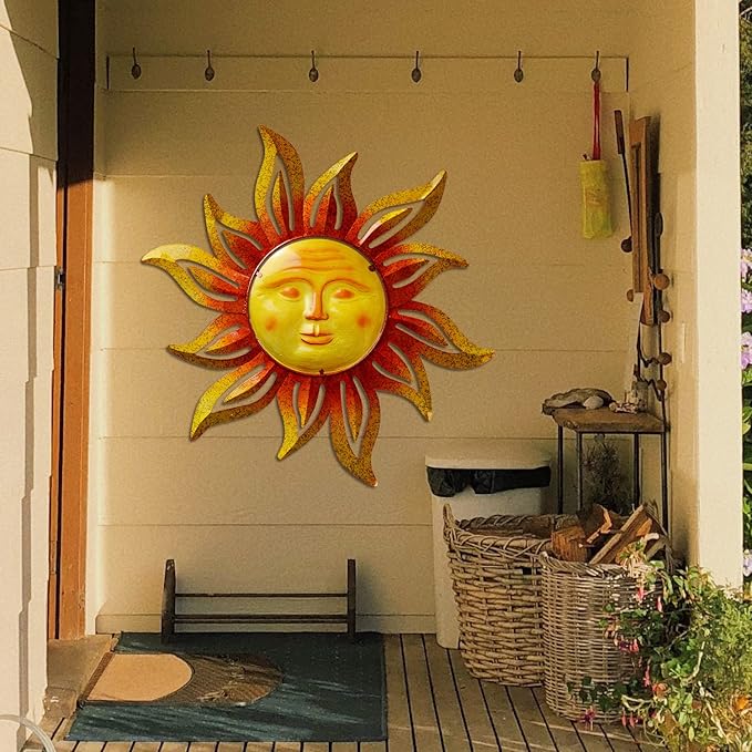 Large Size 32Inch Metal Sun Outdoor Wall Art Decor Large, Hanging for Indoor Outdoor Patio Garden Fence Yard Pool Wall Sculpture Decoration for Living Room