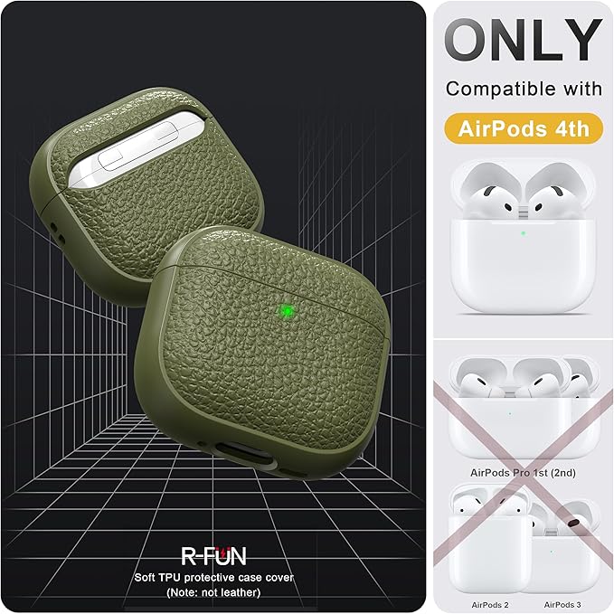 R-fun for Airpods 4 Case, Soft TPU (Leather-Like Design) Drop Protection Cover for Men and Women with Lanyard and Cleaner Kit, Compatible with Apple Latest Airpods 4th Gen(USB-C)(2024)-Army Green