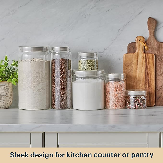 Pyrex 6-Pack Glass Canister Set - Dry Food Storage Containers with Lids for Kitchen and Pantry Organization
