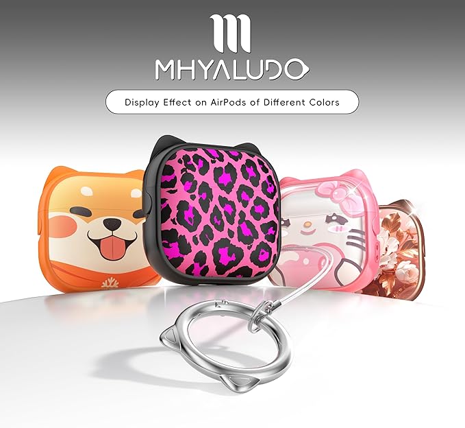 for AirPods 4 Case with Cleaning Kit, Cute Cat Ear Print Design & Cute Buckle, Inverted Phone Holder Design, Top Safe Lock Buckle Design, for Girls AirPods 4 case 2024, Rose Leopard