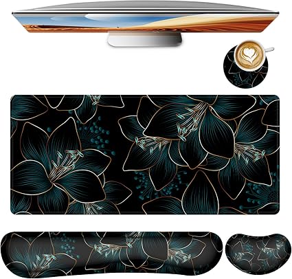 Keyboard Mouse Pad Set,Large Gaming Mouse Pad+Keyboard Wrist Rest+Wrist Rest+Coaster,Computer Desk pad Set Wrist Support for Office Desktop Laptop. (35.4" x 15.7") Extended Desk Mat (Floral)