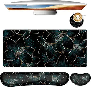 Keyboard Mouse Pad Set,Large Gaming Mouse Pad+Keyboard Wrist Rest+Wrist Rest+Coaster,Computer Desk pad Set Wrist Support for Office Desktop Laptop. (35.4" x 15.7") Extended Desk Mat (Floral)