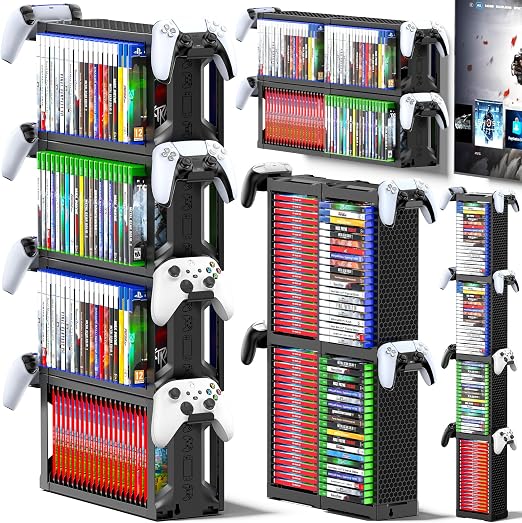 Kytok Video Game Disc Rack Tower Video Game Storage Universal for PS5/PS4/ XBOX One/Series/Nintendo Switch Game, Game Organizer Shelf Display Stand for Wall Mount/Desk/Floor with Controller Holder