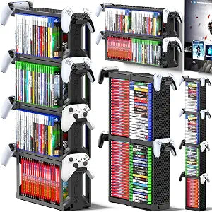 Kytok Video Game Disc Rack Tower Video Game Storage Universal for PS5/PS4/ XBOX One/Series/Nintendo Switch Game, Game Organizer Shelf Display Stand for Wall Mount/Desk/Floor with Controller Holder