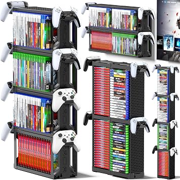 Kytok Video Game Disc Rack Tower Video Game Storage Universal for PS5/PS4/ XBOX One/Series/Nintendo Switch Game, Game Organizer Shelf Display Stand for Wall Mount/Desk/Floor with Controller Holder