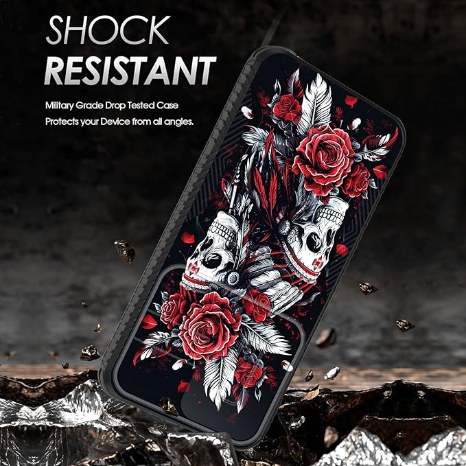 for Galaxy S25 FE Case Built in Slide Camera Lens Cover,Heavy Duty Shockproof Protection Dual Layer Case for Samsung Galaxy S25 FE 6.7" 2025,Skull Art with Feathers and Roses