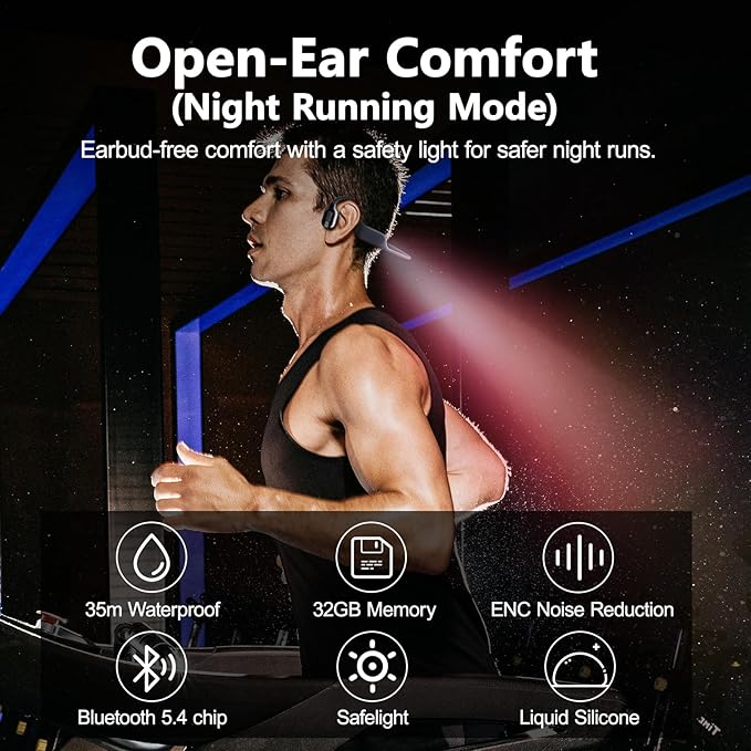 Swimming Headphones, Bone Conduction Headphones Bluetooth 5.4, IPX8 Waterproof with 32GB MP3 Player, Open Earphones with Safelight, Underwater Headphone for Swimming, Night Running, Fitness