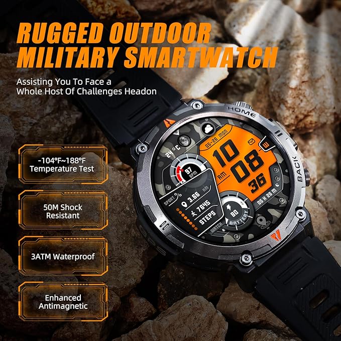 Military Smart Watches for Men Built-in GPS with LED Flashlight Compass, 3ATM Waterproof Rugged Tactical Smartwatch with Text and Call, 1.45" HD Fitness Tracker with HR SPO2 Monitor for iPhone Android