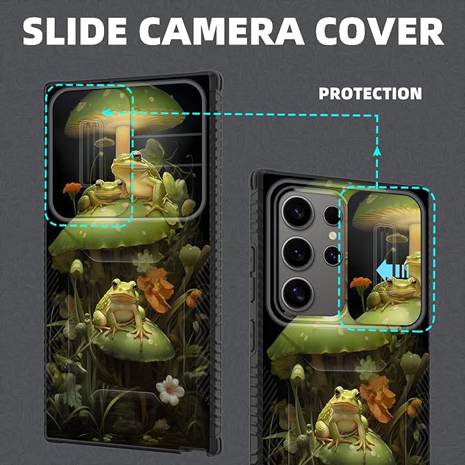 for Galaxy S25 Ultra Case Built in Slide Camera Lens Cover,Heavy Duty Shockproof Protection Dual Layer Case for Samsung Galaxy S25 Ultra 6.9" 2025,Cute Frog Mushroom