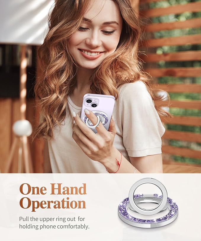 GVIEWIN Magnetic Phone Ring Holder, Compatible with MagSafe Phone Grip with Adjustable Stand, Magnet Phone Ring Kickstand for iPhone 17/16/15/14/13/12 Pro Max Plus Air/Other Phones (Glitter/Purple)