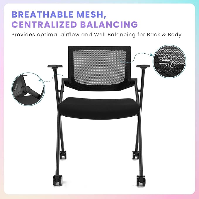 Conference Room Chairs with Wheels and Paddle, Ergonomic Mesh Back and Arms for Meeting, Conference, Reception, Training Room & Home Office Desk Folding Chairs 8 Pack