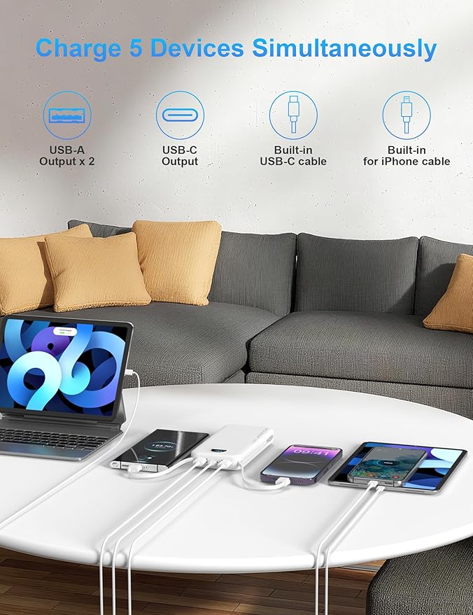 Portable Charger with Wall Plug, 10000mAh USB C Power Bank Fast Charging, External Battery Pack with Built in Cables, Digital Display, 5 Output 4 Input for iPhone Android Cell Phone Tablet