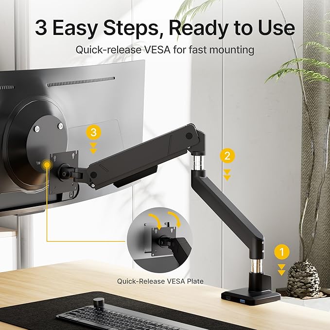 monTEK Single Monitor Arm for Max 45 Inch Ultrawide Screens Adjustable Monitor Desk Mount Holds 35 Lbs Cable Management with Clamp/Grommet Desk Mount, VESA 75/100mm, MA1007BK