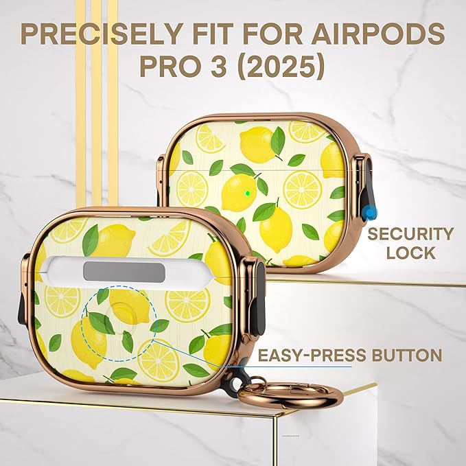 Maxjoy for AirPods Pro 3rd Generation Case with Lock, Cute AirPods Pro 3 Case Lock Protective Hard Air Pod Pro 3 Cover for Women Men with Keychain for Airpod Pro 3rd Gen Cover 2025, Lemon