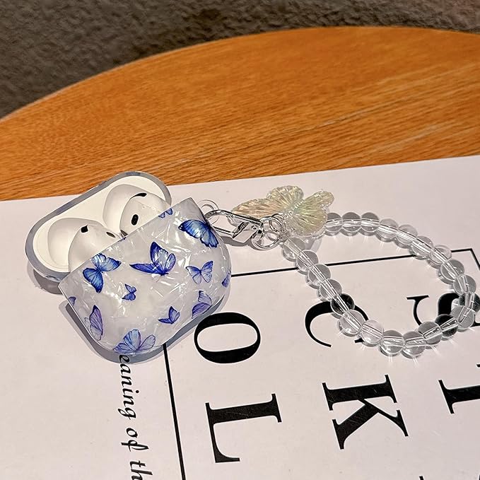 for Airpod 4 Case Cute White Marble Hard Protective Cover with Keychain Compatible with AirPods 4th Generation Case 2024 for Girls Women (Bluish-Purple Butterfly)