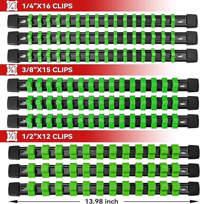 ALOANES 9PC ABS Socket Organizer, Socket Rails Fit 1/2 inch, 3/8 inch and 1/4 inch Drive, Heavy Duty Socket Holders Hold up to 129 Sockets, Black Rails with Green Clips