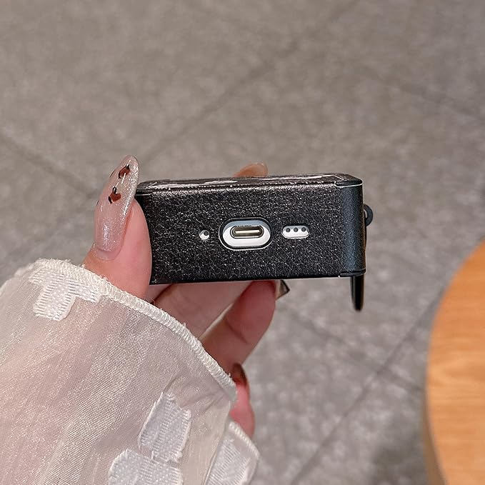 for AirPod Pro 3 Case 2025 for Women Girls Cute Retro Flower Design with Keychain PU Leather Squre Shockproof Protective Cover Compatible with AirPods Pro 3rd Gen Case (Rose Black)