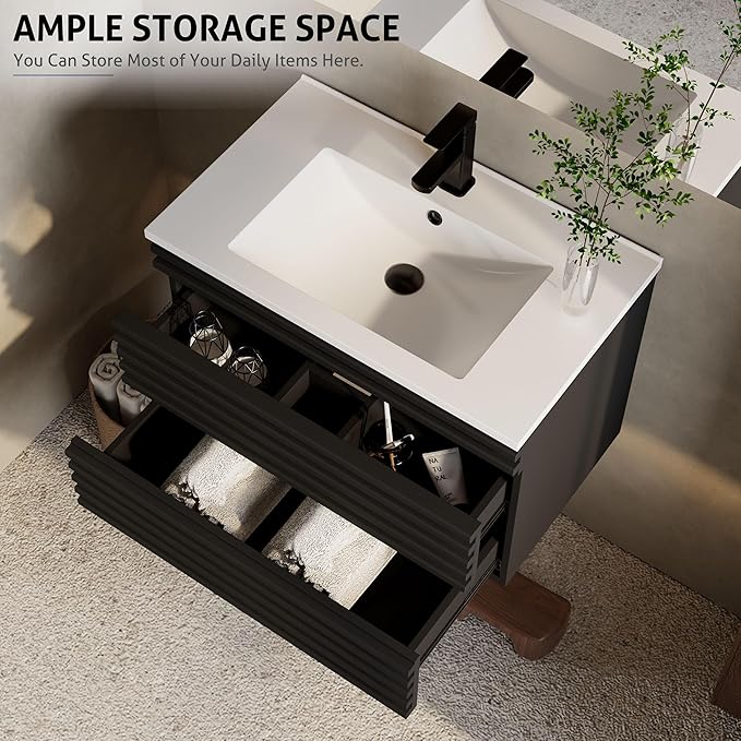 eclife 30" Floating Bathroom Vanity with Sink Combo Mid-Century Wall Mounted Cabinet with Wood Stripes Decor, Drawers, Undermount Sink, Faucet, Drain, Black