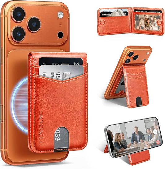 Compatible with Magsafe Case with Card Holder for Men Women Magnetic Ultra-Thin Wallet Bracket Adjustable Bracket for iPhone 17/16/15/14/13/12 Pro/Pro Max/PlusSeries,Orange