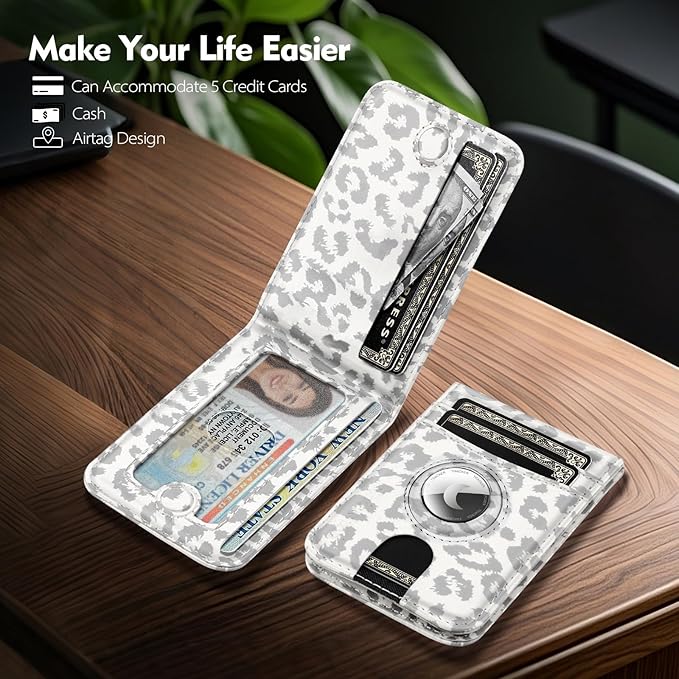 Compatible with Magsafe Case with RFID Blocking Card Holder AirTag pocket for iPhone 17/16/15/14/13/12 Pro/Pro Max/PlusSeries,Not Fit iPhone Mini,Leopard-White