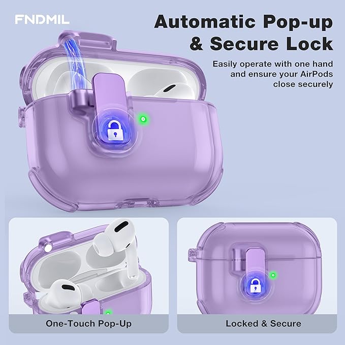 Case for AirPods Pro Case Cover with [Lock Safety & Pop Up][Military Shockproof] Anti-Yellow Transparent Soft TPU Wireless Charging for AirPods Pro Generation Case with Keychain,Clear Purple