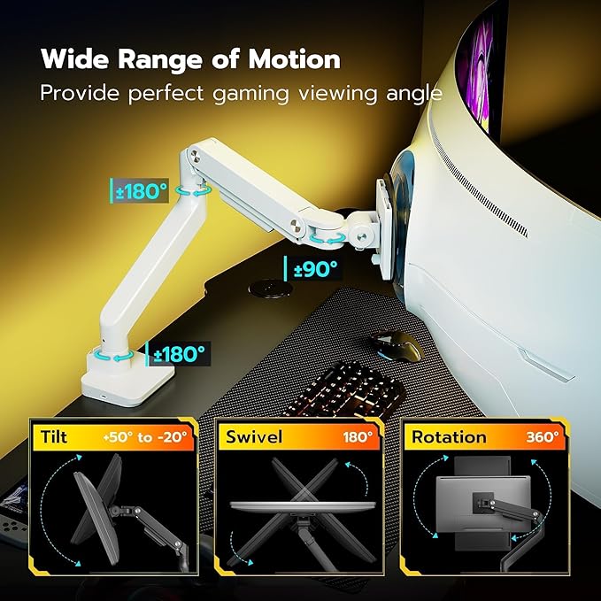 ARES WING Ultrawide Monitor Arm White with USB A/C, Heavy Duty Monitor Arm for 17 to 49 inch Screen, Holds 44 lbs, Adjustable Gas Spring Arm Desk Mount with Clamp and Grommet Base